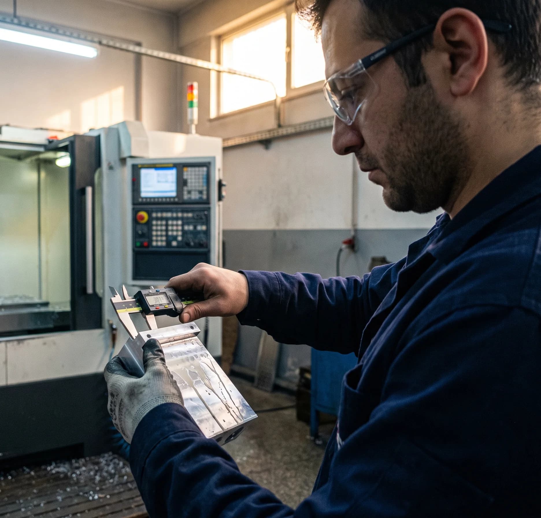 Koruyucu gözlüklü CNC operatörü, freze tezgâhının yanında işlenmiş alüminyum parçayı dijital kumpasla ölçüyor.
