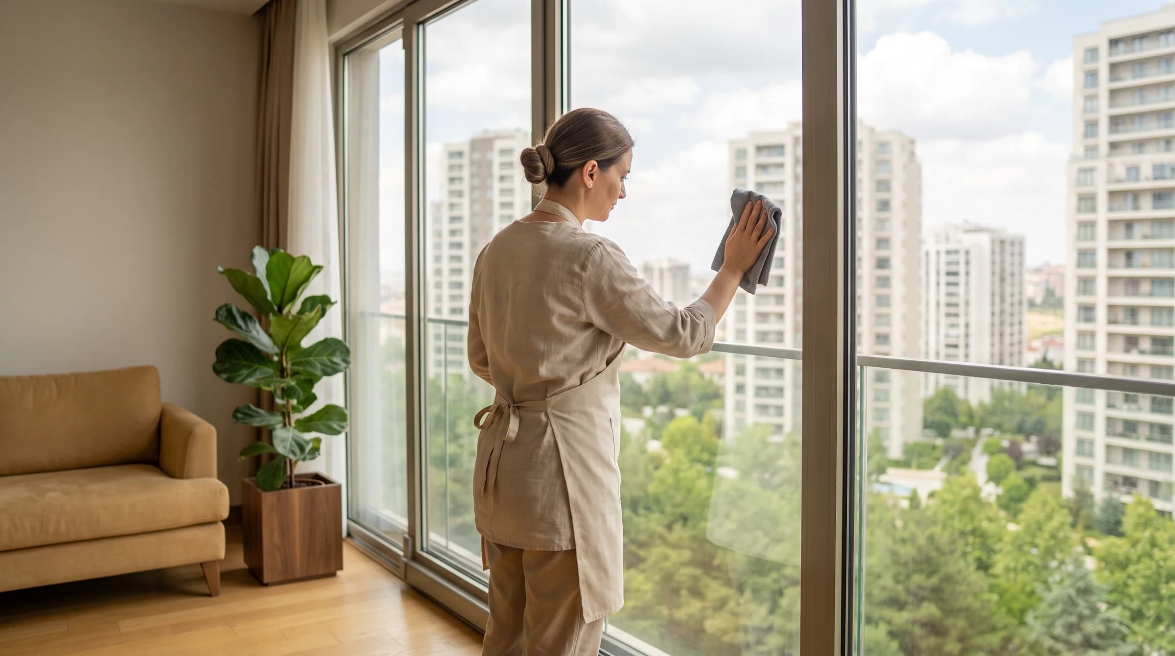 Şehir manzaralı modern bir dairede keten önlüklü temizlik personeli, yerden tavana cam kapıyı mikrofiber bezle siliyor.